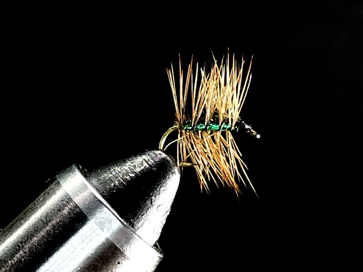 Holographic Green Crackle Back fly pattern tied by Brent Jones