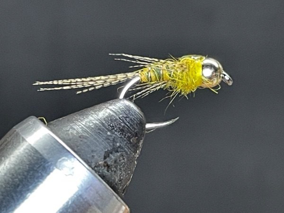 Sulphur Bead Head Nymph (Ephemerella invaria) fly pattern tied by Brent Jones
