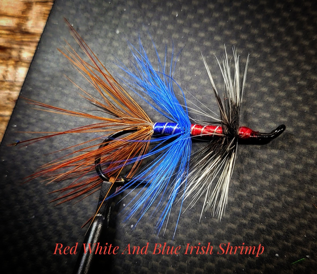 RED WHITE AND BLUE IRISH SHRIMP fly pattern tied by Will Arrant