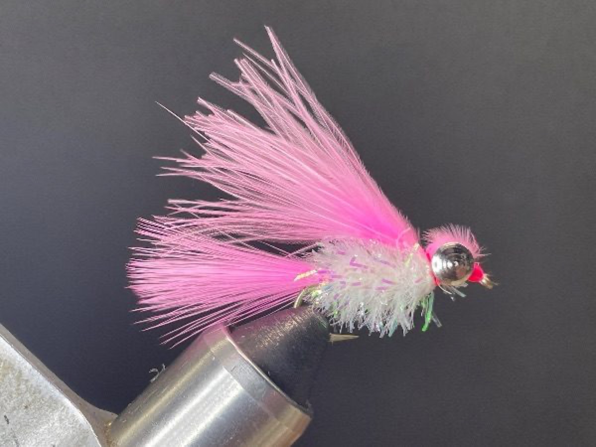 Hot Pink & Pearl Crystal Cat fly pattern tied by Brent Jones