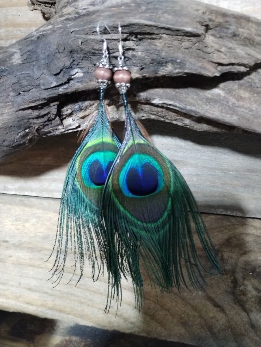 Peacock Earrings fly pattern tied by Shannon Wood