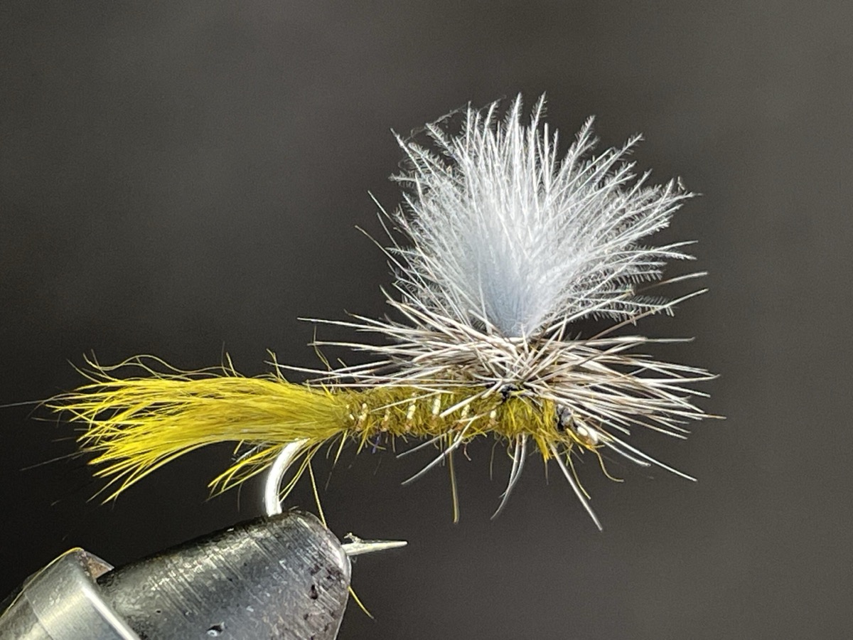 Olive hares ear parachute fly pattern tied by Brent Jones